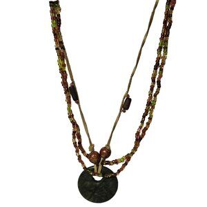 Vintage Green Jade Donut Pendant Beaded Necklace Multi Strand Fashion Jewelry